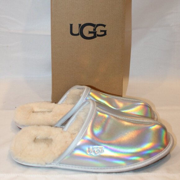 UGG WOMEN'S IRIDESCENT‎ SILVER METALLIC SHEARLING LINED SLIPPERS SZ 11 - Picture 1 of 6